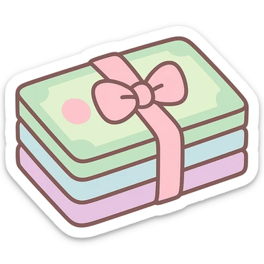 a stack of money in pastel colors, tied with a pastel pink bow, soft and cute sticker
