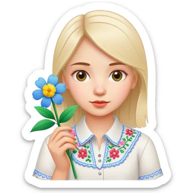 Ukrainian young girl in white embroidered shirt holding colored paper and a flower sticker