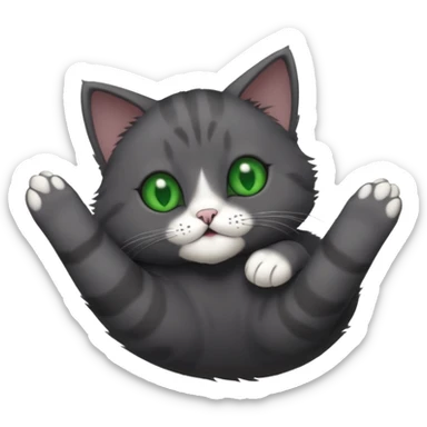 solid dark grey cat with green eyes, completely solid grey face, white toes/paws playing rolling upside down sticker