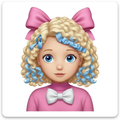 girl with blonde curly hair and blue eyes wearing a pink sweater and white hair bow sticker