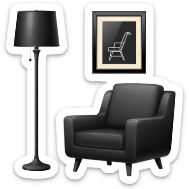 Minimalistic flat vector icon, iOS style, thin black contour on white background. Floor lamp, armchair, and framed picture on wall. Clean, no text, no shadows sticker