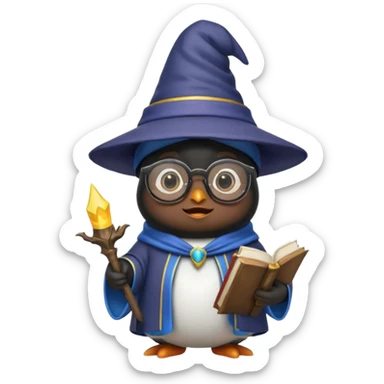 cute penguin wizard holding an open spellbook, wearing glasses and a wizard hat, emoji style sticker