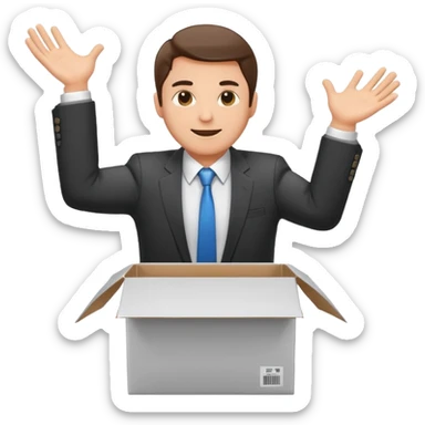 Sticker of a man in a business suit, front view, arms extended forward as if ready to hold a box, friendly expression, clean cartoon style, bold outlines, minimal background, emoji sticker style sticker