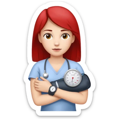 blood pressure cuff wrapped around upper arm with dial reading female patirent sticker