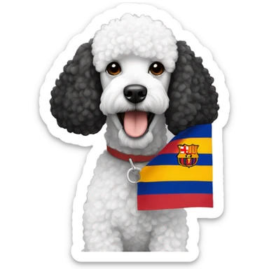 black and white poodle with a Barcelona flag sticker