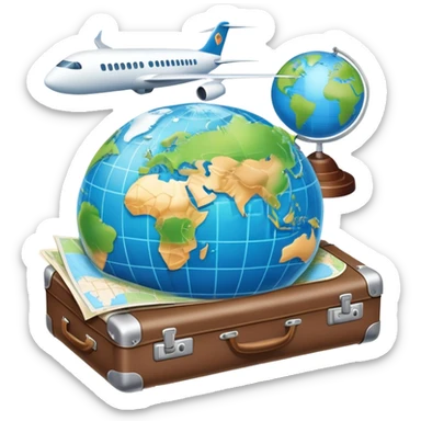 An icon featuring a suitcase, a hotel building, and one globe, symbolizing tourism and hospitality. The design includes a plane and a map, representing travel and accommodation services. Transparent background highlights the global nature of tourism and the hospitality industry. sticker