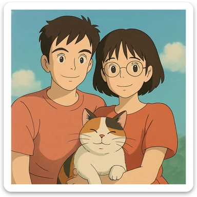 couple with pet posing for photo sticker