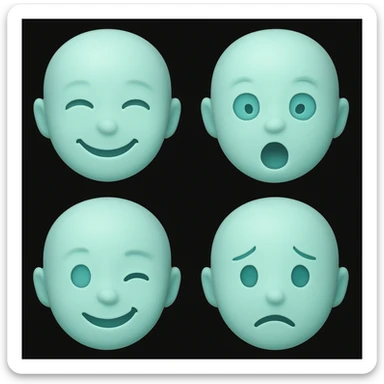 Create four new light blue emoji variants maintaining the emoji style and light blue color, but with different facial expressions. The style should resemble the original emoji style shown in the reference images. sticker