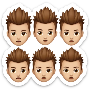 Haz un personaje que tenga cabello marrón con un corte mohicano y que tenga diferentes expresiones  sticker