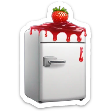 an old fashioned fridge with strawberry jam leaking out of it sticker