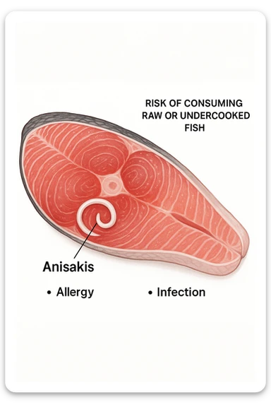 a close-up cross-section of a raw fish fillet, showing a white, coiled Anisakis parasite embedded in the muscle tissue. The parasite is clearly labeled, and the surrounding fish tissue is rendered in detail. The background is clean and white, with educational callouts explaining the risk of consuming raw or undercooked fish. sticker