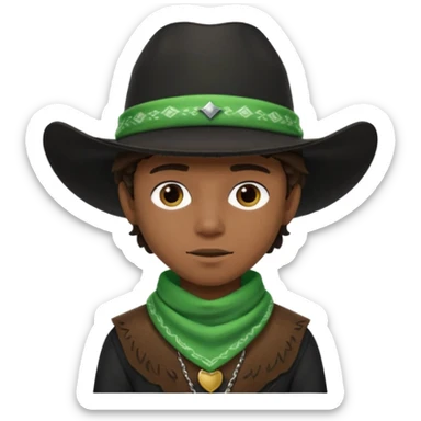Black boy in black top wearing a black cowboy hat with green bandana around his neck sticker