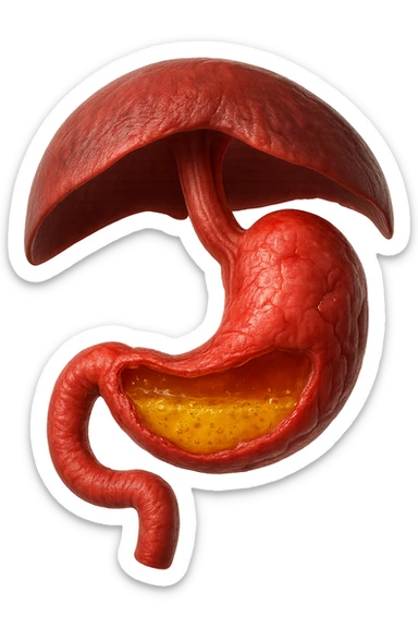 stomaco umano anatomico infiammato con acido giallo all'interno fluttua in aria insieme ad un diaframma umano, iperrealistico 4k, isolato su sfondo bianco sticker