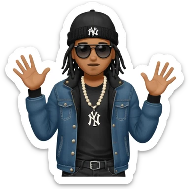 African American man with shoulder length black dreadlocks with black bead wearing black sunglasses with wearing denim skinny jeans wearing black bubble winter coat wearing black New York Yankees baseball hat and  timberland boots with hands out and concerned facial expression sticker