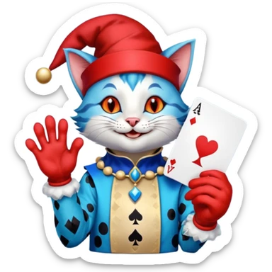 crazy colorful cute little cat jolly joker from poker, medieval, vintage, court jester, mac os icon, blue color, holds a single poker card on the right paw sticker