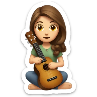 woman with brown hair with ukelele in hand sitting, with a sad look on her face sticker