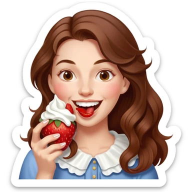 woman with long brown hair eating strawberries whipped cream, laughing elegant cute sticker