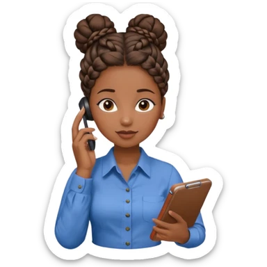 black girl on the phone with a notepad in colored formal shirt and braided bun sticker