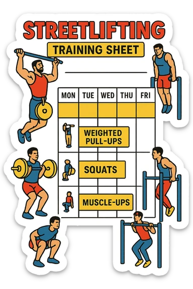 a streetlifting training sheet with icons for each exercise—weighted pull-ups, weighted dips, squats, muscle-ups—organized in a weekly schedule. Around the sheet, small illustrations show athletes performing each movement with proper form. The color palette is bold and energetic, and the background is clean and minimal. sticker