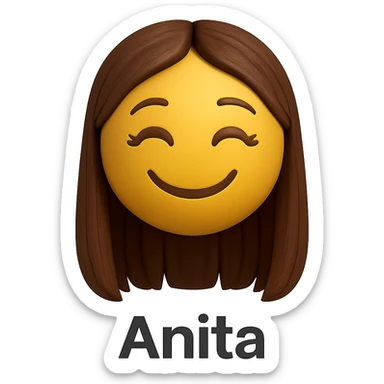 3D smiley emoji, girl style, long hair, smiling face, with the name 'Anita' below in printed letters sticker
