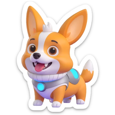cute dog robot with pointy corgi-like ears, soft rounded body, glowy eyes and joints, friendly futuristic vibe, playful, slightly cartoonish, colorful with glowy accents, highly expressive face and posture, reaction happy sticker