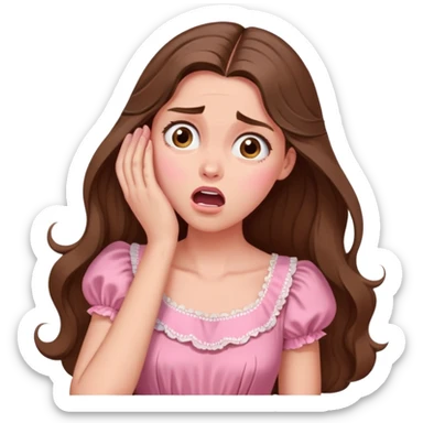 girl with long brown hair dramatically gasping, hand to forehead, vintage pink dress sticker
