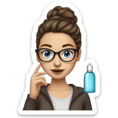 Medium length brown haired girl with blue eyes wearing glasses. Girl is spraying perfume sticker