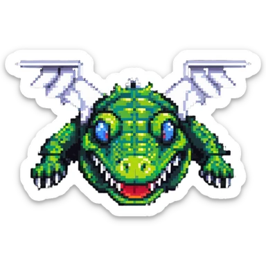 cartoon crocodile head with airplane wings, pixel art style sticker