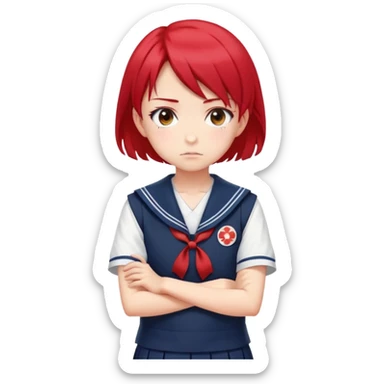 Serious anime girl with short bright red hair wearing Japanese sailor style school uniform, stern expression with arms crossed, focused and determined look sticker