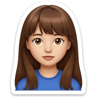 girl emoji style, long brown hair with bangs, brown eyes, subtle makeup sticker