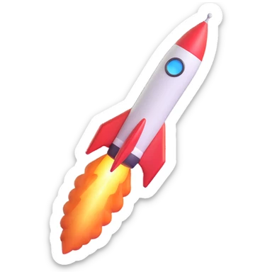 Space rocket, three-dimensional, in a cartoon style, on a white background, bright colors, with a perspective composition, high saturation, prominent details, floating effect, lively atmosphere sticker