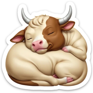 Meme-Worthy Cute Sleeping Domestic Bull Portrait Emoji, Head resting peacefully with a contented smile, showcasing a robust, muscular build and a luxuriously soft coat, eyes gently closed in serene, restful slumber, Simplified yet hilariously adorable features, highly detailed, glowing with a soft, drowsy natural light, high shine, relaxed and utterly lovable, stylized with an air of playful laziness, soft glowing outline, capturing the essence of a sleeping domestic bull that feels destined to become the next viral sensation of adorable rest! sticker