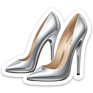 A pair of high heel shoes emoji made of polished silver chrome, elegant sharp silhouette, smooth metallic surface, glossy reflections, luxury sexy vibe, minimalistic iOS emoji style, centered, clean white background sticker