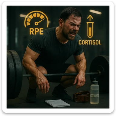 Add floating icons above the subject's head showing high RPE and elevated cortisol, in cinematic style with the same color palette. sticker