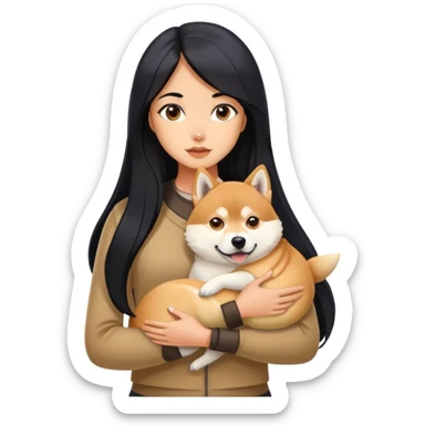 A girl with long black hair holding a Husky and a Shiba Inu. sticker