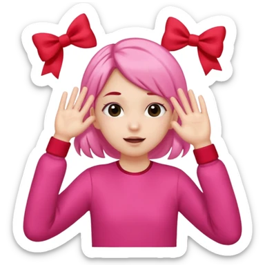 👧🏼🙈🎀🚩: girl with 2 ponytails covering her eyes with both hands, with a cute little pink bow on the side of her hair and below her in the background, 2 big red flags.  sticker