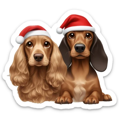 beige cocker spaniel and dark brown dachshund both wearing christmas hats sticker