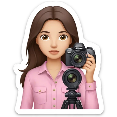 latin girl photographer with long brunette hair light pink shirt and nikon camera sticker