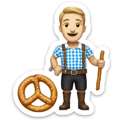 Create an emoji with a Bavarian Flag, blue and white colours, a "Lederhose" and a pretzel. sticker