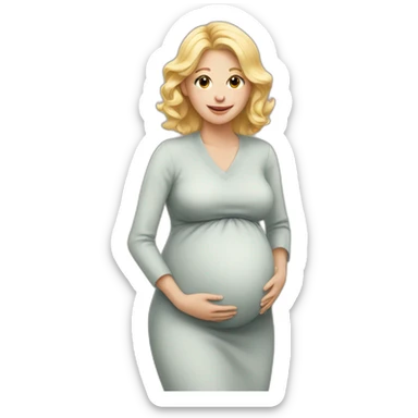 A Woman with blond Hair is pregnant and has birthday sticker