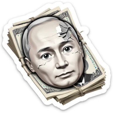 single stack of russian ruble notes with Vladmir Putin's picture on them blown into pieces because of explosion sticker