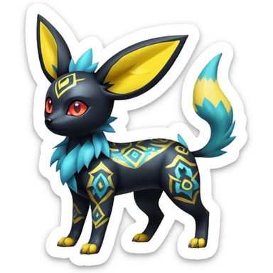 Shiny Exotic Badass Colorful Ethereal Royal Mysterious Gothic Umbreon-Jolteon-Litten-Noibat-Pokémon-Fakémon-hybrid-creature (full body) with pattern-markings sticker