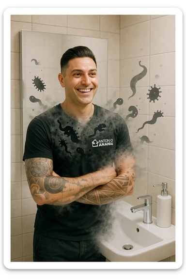 a man stands in a brightly lit bathroom, looking relieved and revitalized as he examines his reflection in the mirror. In the foreground, stylized, shadowy images of parasites (such as worms or protozoa) are shown leaving his body, dissolving into mist or fading away. His posture is upright and his expression is one of newfound energy and health. sticker