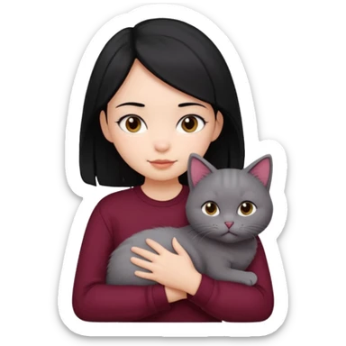 adorable girl with straight black hair, maroon shirt, carrying a cat sticker
