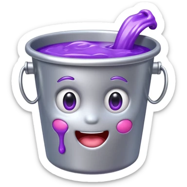 cartoon silver bucket with purple goo with a kawaii face sticker