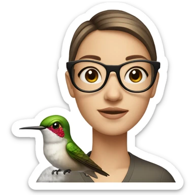 Girl pale , brunette, with short hair, wearing glasses with a hummingbird next to her sticker