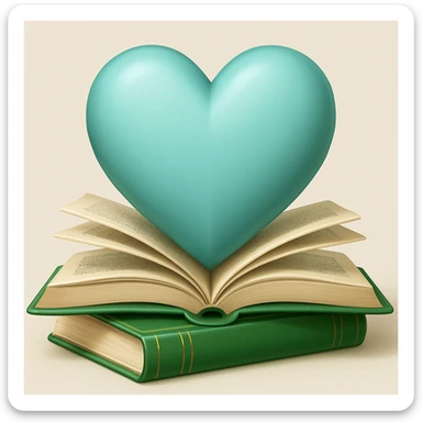 apple style emoji of a light blue heart with books, green colorway sticker