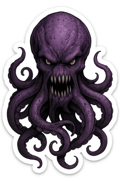 Remove the nose, make the octopus look scary, keep the purple color, with no background. Maintain the original style and details of the octopus while making it look scary and purple. sticker