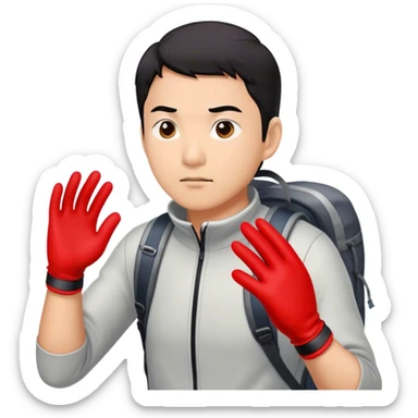 asian guy wearing red gloves going on a hike  sticker