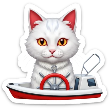 a devlish looking kitty cat at the helm of a catamaran driving it sticker